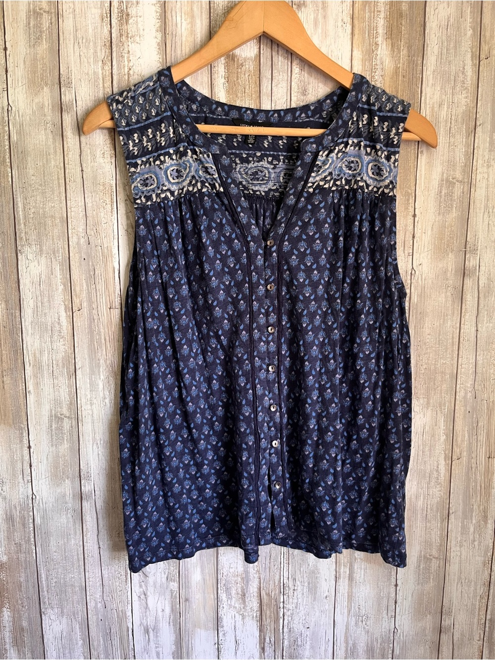 Lucky Brand Blue Boho Print Sleeveless Button Front Tank Top Large Cotton